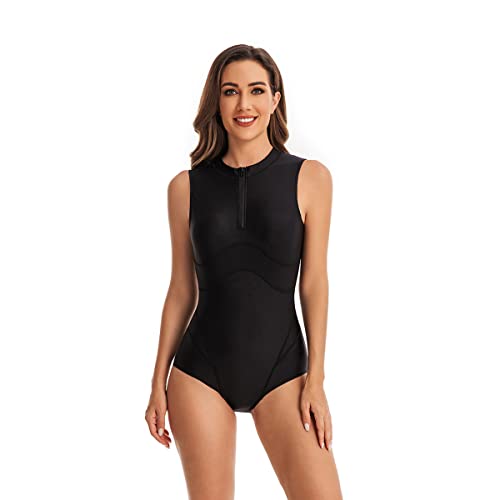 BEACHKINI One-Piece Swimsuit for Women Long-Sleeved Swimwear with Front Zip Triangle Swimsuit Rash Guards,02 Schwarz,M von BEACHKINI