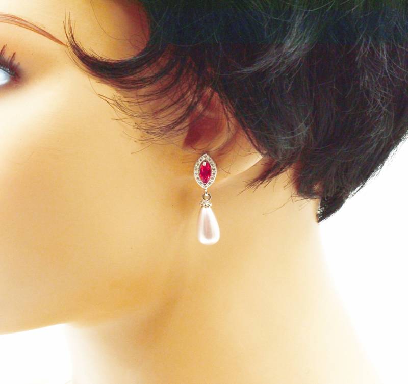 Floh Ohrringe Aus Rhodiniert , Zirkon Ohrstecker, Tropfen, Kristall Und Rot, Ohrring Hochzeit, Event von BEADFALLS