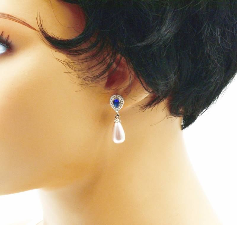 Floh Ohrringe Aus Rhodiniert , Zirkon Tropfen, Kristall Und Blau, Hochzeit Ohrring, Event von BEADFALLS