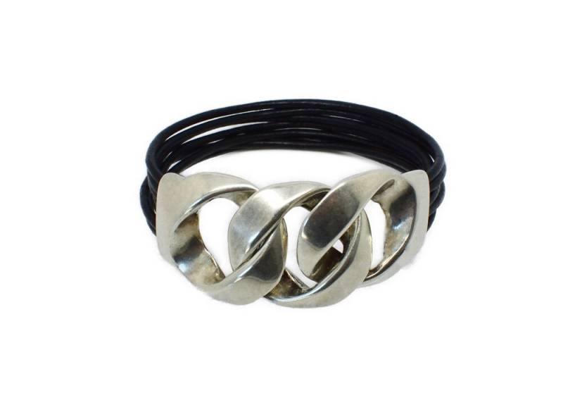 Lederarmband, Multi-Leder-Armband, Schwarzes Lederband, Verschluss Metall Silber von BEADFALLS