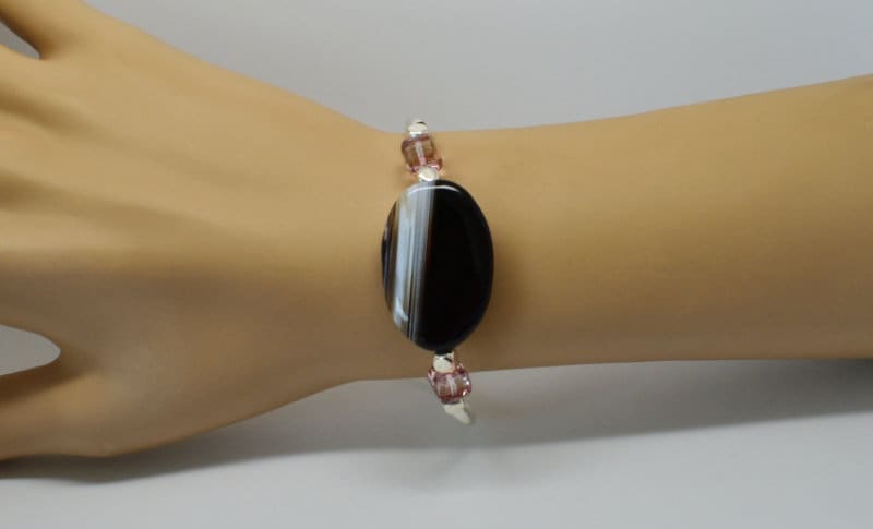 Silber Plattiert Oval-Armband Mit Puck in Gestreiften Agathe von BEADFALLS