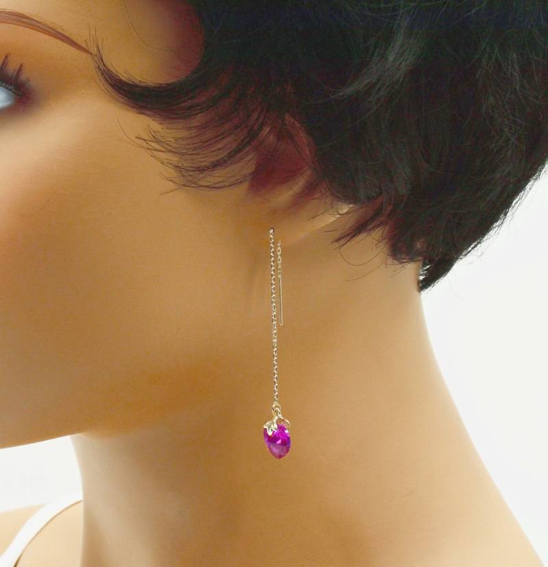 Valentinstag-Ohrkette in Echtem Silber Und Herz Swarovski Fuchsia von BEADFALLS