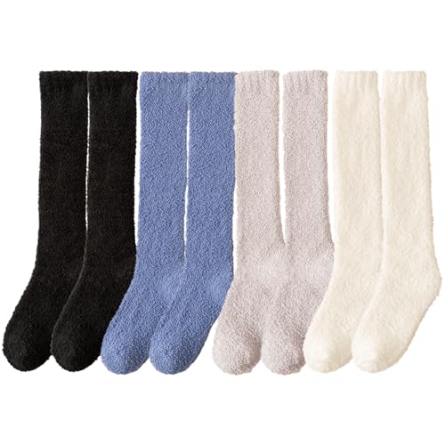 BEAHING Knie hohe Socken 4 Paare Lange flauschige Socken für EU Größe 35-41 Gemütlich dicke weiche Wintersocken Strumpf halten Sie Ihre Füße ＆ Schaft warme Geschenke für Frauen von BEAHING