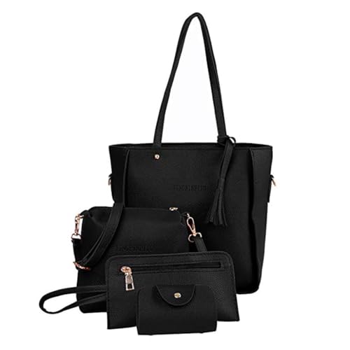 BEAHING Lederhandtaschen, 1Set 4 in 1 Frauen Tasche Set weiche PU Leder Griff Taschen Set Einkaufstaschen Umhängetaschen Crossbody Wallet Karten Halter perfekt für den täglichen Gebrauch (schwarz) von BEAHING