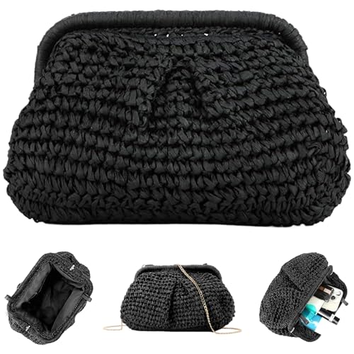 BEAHING Strohbeutel für Frauen, Strohrohrbeutel mit Polyesterfutter und abnehmbares Kettengurt schwarz gewebte Strohhalmasche von BEAHING