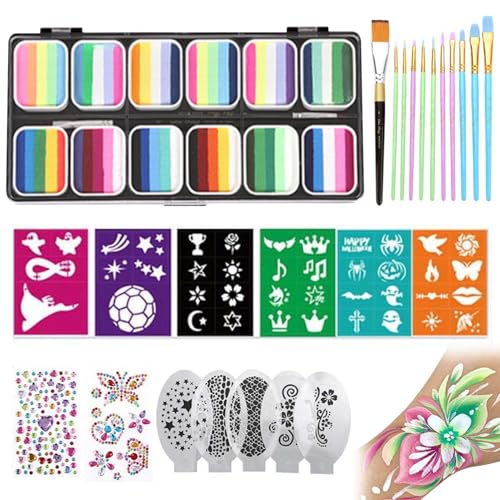 Schminken -Kit, 12 Split Cake Palettes Facepaint Make -up -Kit mit Schablonen -Pinselaufklebern, Regenbogen ungiftiger Gesichtsfarbe Körperfarbe für Kinder Erwachsene, Karneval, Schablone von BEAHING