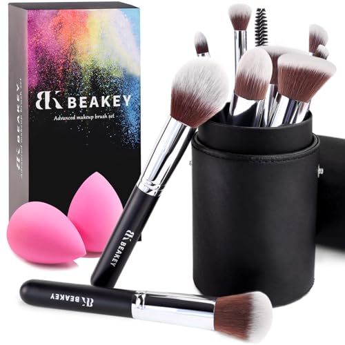 BEAKEY Makeup Pinsel Foundation Blending Face Powder Blush Lidschatten -Sets mit Schwamm und Reinigungsei (10+2pcs mit schwarzem Pinseletui) von BEAKEY