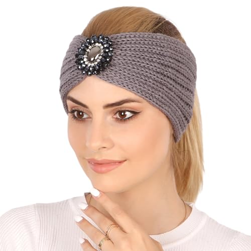 BEALIFE Damen Stirnband mit Strasssteinen, leicht, langlebig, rutschfest, stilvoll, gestricktes Stirnband mit Strasssteinen für Damen, Polyester, Hellgrau von BEALIFE