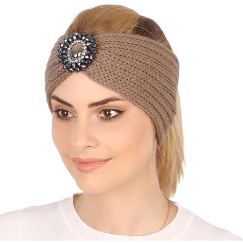 BEALIFE Damen Stirnband mit Strasssteinen, leicht, langlebig, rutschfest, stilvoll, gestricktes Stirnband mit Strasssteinen für Damen, Polyester, Khaki von BEALIFE