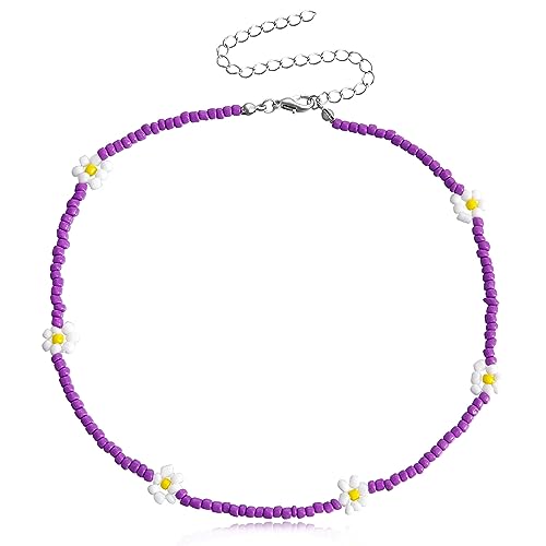 BEARJIA Süße Gänseblümchen-Halskette mit Perlen, weiße Gänseblümchen-Halsketten für Frauen, Sommer-Halsketten für Party, Strand, Schmuck (lila) von BEARJIA