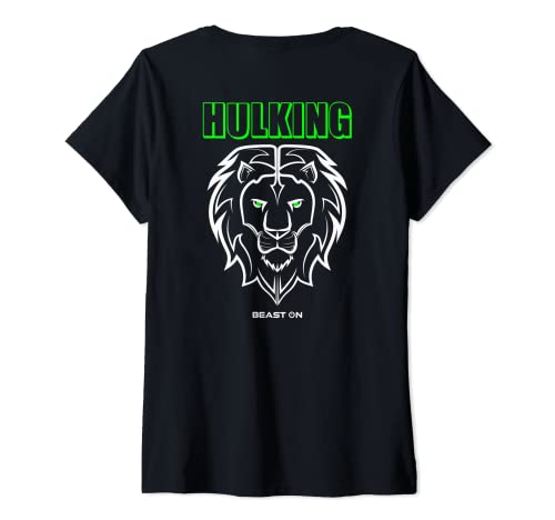 Damen Löwe Kopf Rücken Motiv Hulking Grün Gym Fitness Bodybuilder T-Shirt mit V-Ausschnitt von BEAST ON