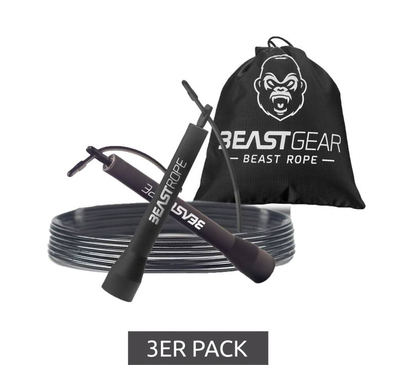 3er Sparpack BEASTGEAR Springseil 2,8m Speed-Fitness-Springseil aus Stahl leicht und verstellbar Trainingsgerät Boxen MMA HIIT-Workout Schwarz von BEASTGEAR