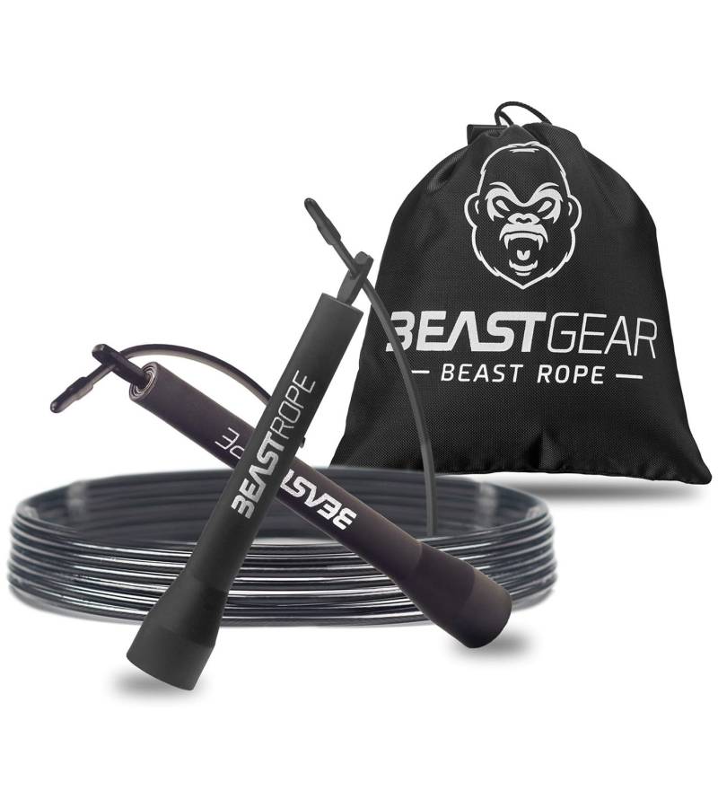 BEASTGEAR Springseil 2,8m Speed-Fitness-Springseil aus Stahl leicht und verstellbar Trainingsgerät Boxen MMA HIIT-Workout Schwarz von BEASTGEAR