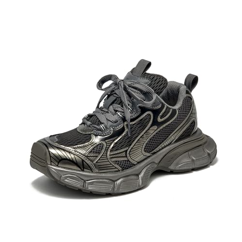 BEAU TODAY Chunky Damen-Sneaker, modische Sneaker für Damen, Schnürung, Air-Mesh-Walking-Tennisschuhe, Treny Dad-Sneaker, grau dunkel, 37 EU von BEAU TODAY