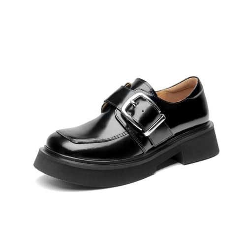 BEAU TODAY Damen Schwarz Plateau Loafer Chunky Heel Bequeme Leder Slip On Loafer Casual Business Büro Arbeitsschuhe mit Schnalle, Schwarz (Black-b), 35.5 EU von BEAU TODAY