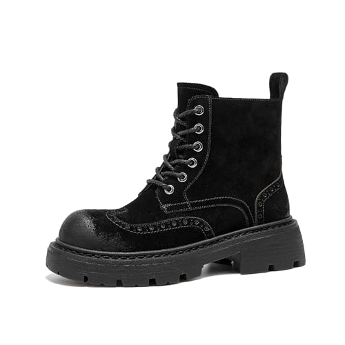 BEAU TODAY Damen-Springerstiefel, Plateau-Stiefel aus Wildleder, Schnürung, klobige Sohle, modischer seitlicher Reißverschluss, kurze Stiefeletten, Schwarz, 38.5 EU von BEAU TODAY