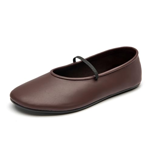 BEAU TODAY Mary Jane Damen-Ballerinas aus echtem Leder, bequeme Ballerinas mit rundem Zehenbereich, Mary Jane-Schuhe, niedlich, modisch, flache Schuhe, Kaffee, 37 EU von BEAU TODAY