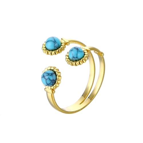 BEAUCO Vintage Gold Plated Ring Turquoise Natural Stone Stainless Steel Ring Women Open Adjustable Ring Jewelry(26) von BEAUCO