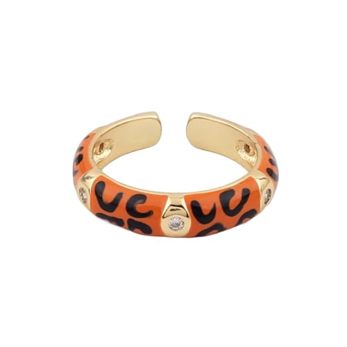 Colorful Leopard Print Ring Enamel Oil Drop Zircon Open Ring Women Men Couple Ring Stainless Steel Party Jewelry(orange) von BEAUCO