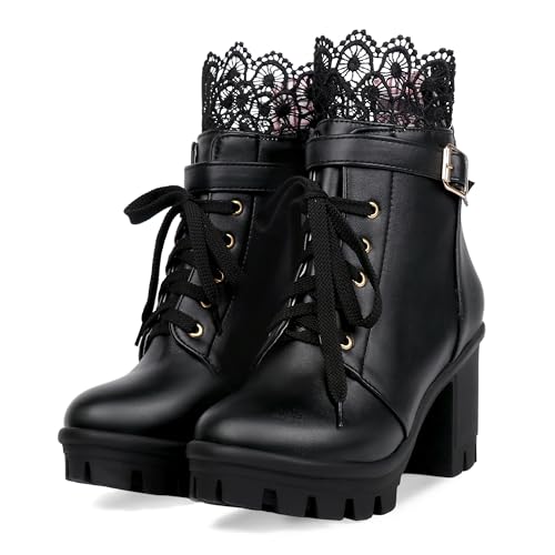 BEAUPAS Damen Chunky Plateau High Heel Stiefel Lace Up Gothic Ankle Booties Blockabsatz Schnalle Punk Schuhe, Schwarz, 35.5 EU von BEAUPAS