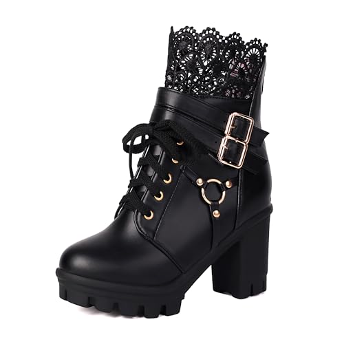 BEAUPAS Damen Gothic Combat Boots Lace Up Plateau Stiefeletten mit Schnallen Chunky High Heel, Schwarz, 39 EU von BEAUPAS