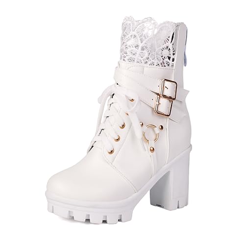 BEAUPAS Damen Gothic Combat Boots Lace Up Plateau Stiefeletten mit Schnallen Chunky High Heel, Weiss/opulenter Garten, 37.5 EU BEAUPAS Damen Gothic Combat Boots Lace Up Plateau Stiefeletten mit Schnallen Chunky High Heel, Weiss/opulenter Garten, 37.5 EU von BEAUPAS