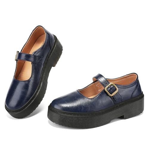 BEAUSEEN Mary Jane Damenschuhe, Plateau-Sohle, bequem, runder Zehenriemen, Ballerinas für Damen, klobiger Absatz, Marineblau, 42 EU von BEAUSEEN