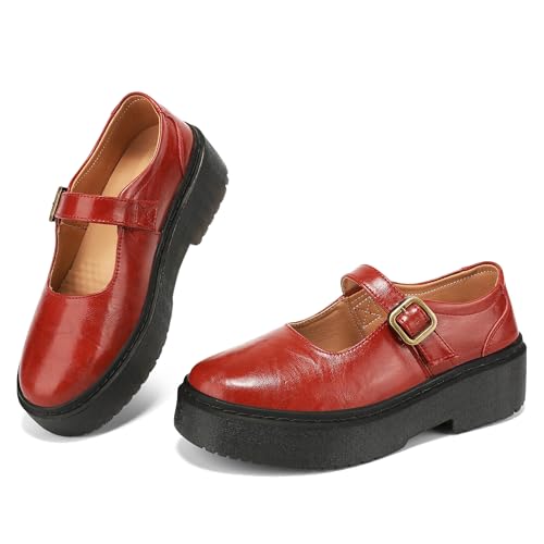 BEAUSEEN Mary Jane Damenschuhe, Plateau-Sohle, bequem, runder Zehenriemen, Ballerinas für Damen, klobiger Absatz, Rot/Ausflug, einfarbig (Getaway Solids), 38.5 EU von BEAUSEEN