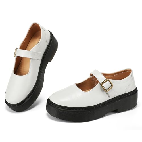 BEAUSEEN Mary Jane Damenschuhe, Plateau-Sohle, bequem, runder Zehenriemen, Ballerinas für Damen, klobiger Absatz, Weiss/opulenter Garten, 38.5 EU von BEAUSEEN