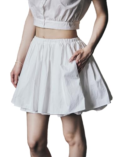BAUTELICATE Damen Rock Kurz Sommer 100% Baumwolle A-Linie Mini Rock Lässig Solid Faltenrock mit Taschen Freizeitrock Weiß, XL von BEAUTELICATE