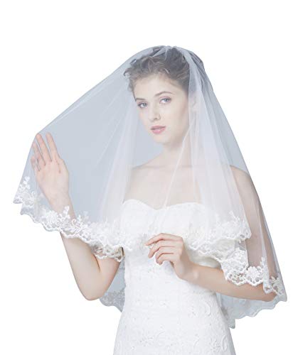 BEAUTELICATE Brautschleier Hochzeitsschleier Schleier Blusher Für Braut Hochzeit Weiß Elfenbein Mit Spitze Und Metall Kamm Ellenbogenlänge 2 Schicht V125 von BEAUTELICATE