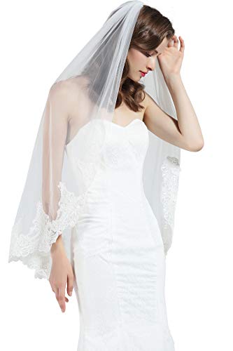 BEAUTELICATE Brautschleier Weicher Tüll Braut Schleier mit Spitze Lang Kurz Elfenbein Weiß für Hochzeit Junggesellenabschied Cosplay Jga (Elfenbein - Halbspitze - Fingerlänge) von BEAUTELICATE