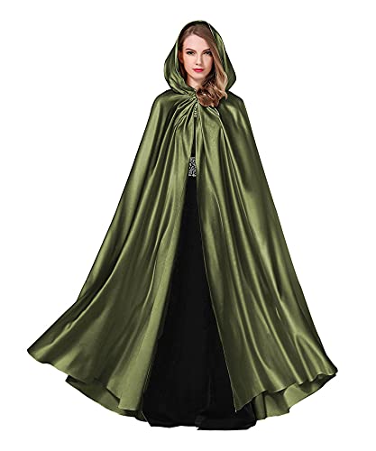 BEAUTELICATE Umhang Damen mit Kapuze Satin Cape Mantel Lang für Hochzeit Brautkleid Fasching Halloween Kostüm Mittelalter Robe Vampir Hexen (Armee Grün, Einheitsgröße) von BEAUTELICATE