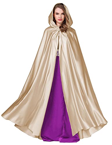 BEAUTELICATE Umhang Damen mit Kapuze Satin Cape Mantel Lang für Hochzeit Brautkleid Fasching Halloween Kostüm Mittelalter Robe Vampir Hexen (Champagner, Einheitsgröße) von BEAUTELICATE