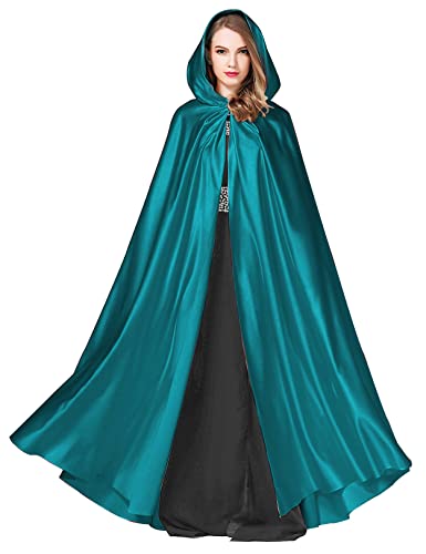 BEAUTELICATE Umhang Damen mit Kapuze Satin Cape Mantel Lang für Hochzeit Brautkleid Fasching Halloween Kostüm Mittelalter Robe Vampir Hexen (Cyan, Einheitsgröße) von BEAUTELICATE
