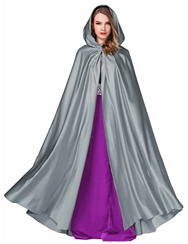 BEAUTELICATE Umhang Damen mit Kapuze Satin Cape Mantel Lang für Hochzeit Brautkleid Fasching Halloween Kostüm Mittelalter Robe Vampir Hexen (Dunkelsilber, Einheitsgröße) von BEAUTELICATE