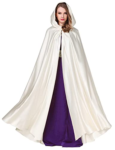 BEAUTELICATE Umhang Damen mit Kapuze Satin Cape Mantel Lang für Hochzeit Brautkleid Fasching Halloween Kostüm Mittelalter Robe Vampir Hexen (Hell Elfenbein, Einheitsgröße) von BEAUTELICATE