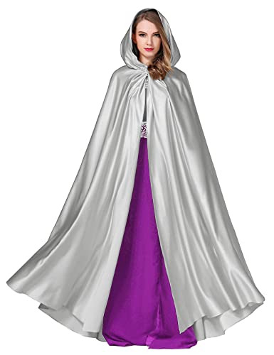 BEAUTELICATE Umhang Damen mit Kapuze Satin Cape Mantel Lang für Hochzeit Brautkleid Fasching Halloween Kostüm Mittelalter Robe Vampir Hexen (Helles Silber, Einheitsgröße) von BEAUTELICATE