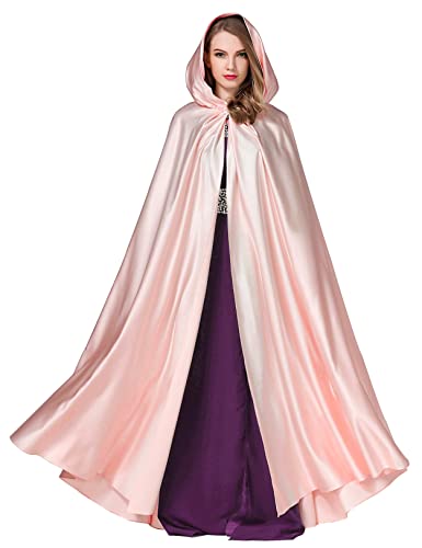 BEAUTELICATE Umhang Damen mit Kapuze Satin Cape Mantel Lang für Hochzeit Brautkleid Fasching Halloween Kostüm Mittelalter Robe Vampir Hexen (Rosa, Einheitsgröße) von BEAUTELICATE