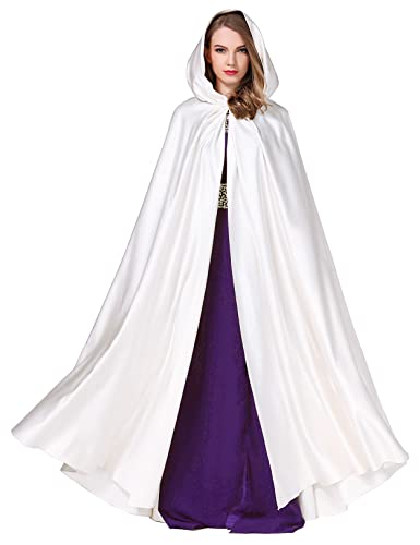 BEAUTELICATE Umhang Damen mit Kapuze Satin Cape Mantel Lang für Hochzeit Brautkleid Fasching Halloween Kostüm Mittelalter Robe Vampir Hexen (Weiß, Einheitsgröße) von BEAUTELICATE