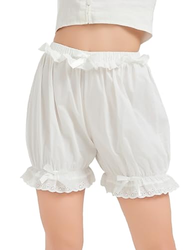 BEAUTELICATE Damen Bloomer Shorts 100% Baumwolle Retro Pumphose Rüschen Schlafanzughose Höschen Lolita Pumpkin Pantaloons Pettipants Rüschen (Weiß - Taille mit Rüschen,L) von BEAUTELICATE