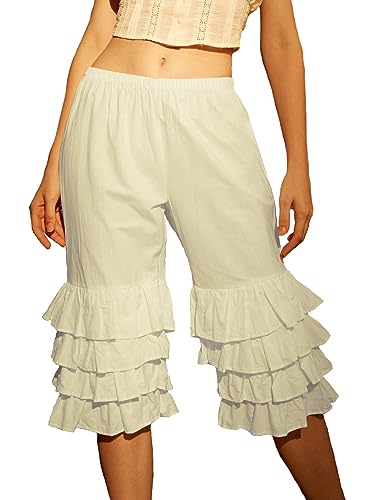 BEAUTELICATE Damen Hosenunterröcke Bloomers 100% Baumwolle Viktorianisch Rüschen Pumphose Kurz Schlafanzughose Mittelalter Renaissance für Dirndl Cosplay (Beige - 4 Lagen Rüschen, XL) von BEAUTELICATE