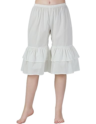 BEAUTELICATE Damen Hosenunterröcke Bloomers 100% Baumwolle Viktorianisch Rüschen Pumphose Kurz Schlafanzughose Mittelalter Renaissance für Dirndl Cosplay (Elfenbein - 2 Lagen Rüschen, L) von BEAUTELICATE