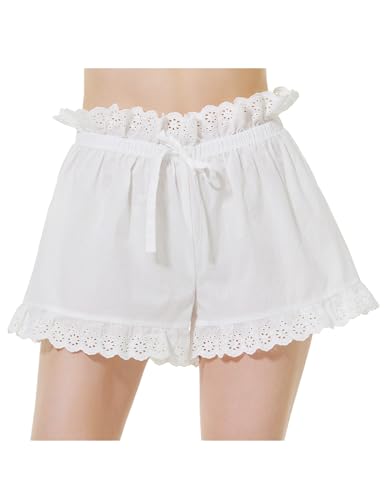 BEAUTELICATE Damen Bloomers Shorts Baumwolle Hosenunterröck Antistatic Viktorianisch Pumphose Rüschen Shorts Sommer Pyjamahose mit Rüschzen für Fasching (Weiß,L) von BEAUTELICATE