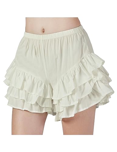 BEAUTELICATE Damen Bloomers Kurzs Viktorianische Pumphose 100% Baumwolle Rüschen Höschen Lolita Pumpkin Schlafanzugshose Pettipants (Beige - Bloomers Kurzs, L) von BEAUTELICATE