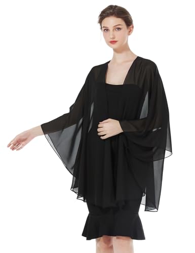 BEAUTELICATE Damen Chiffon Stola Brautjacke Brautstola für Abendkleid Elegant Cardigan Bolero mit Armloch für Hochzeit Festlich Strand Kimono Frühling Sommer,Schwarz von BEAUTELICATE