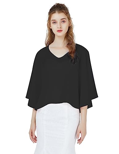 BEAUTELICATE Damen Chiffon Schal Stola V-Ausschnitt Eleganten Cape Umhang für Braut Sommer Hochzeits Festliche Abendkleid (V - Ausschnitt - Schwarz,Einheitsgröße) von BEAUTELICATE