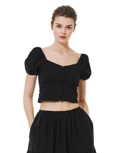 BEAUTELICATE Damen Crop Top Kurzarm Baumwolle Schulterfrei Bardot Bluse Renaissance Knopfleiste Oberteile Trachtenbluse Off-Shoulder Korsett Oberteil (Schwarz, L) von BEAUTELICATE