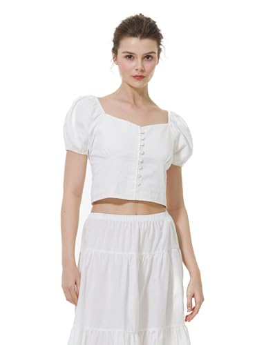 BEAUTELICATE Damen Crop Top Kurzarm Baumwolle Schulterfrei Bardot Bluse Renaissance Knopfleiste Oberteile Trachtenbluse Off-Shoulder Korsett Oberteil 12Weiß, XL von BEAUTELICATE