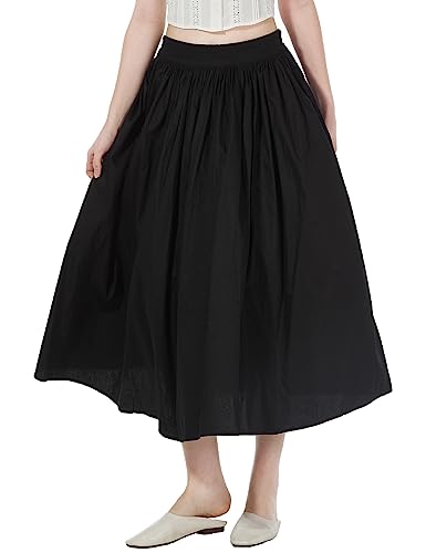 BEAUTELICATE Damen Falten Rock Baumwolle Rock Midi Länge mit Zwei Seitentaschen Lässig Big Swing A-Linie Rock Elastische Taille Einfarbiger Rock (Schwarz, L) von BEAUTELICATE